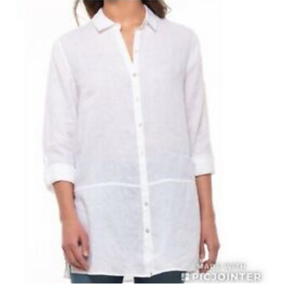 Tahari Essentials Linen Tunic Blouse, Button Front Size XL w MEASUREMENTS